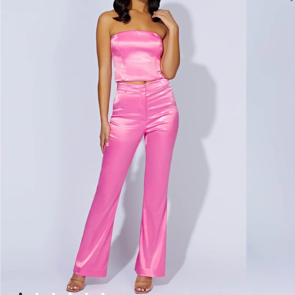 Meshki Monique Satin Tube Top & Maeva Satin Flared Pants- Bubblegum Pink XXS